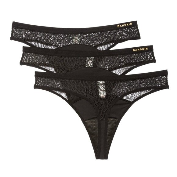 Danskin L 3-Pk Logo Black Lace Microfiber Washable Light Period Thong Panties - Picture 3 of 4